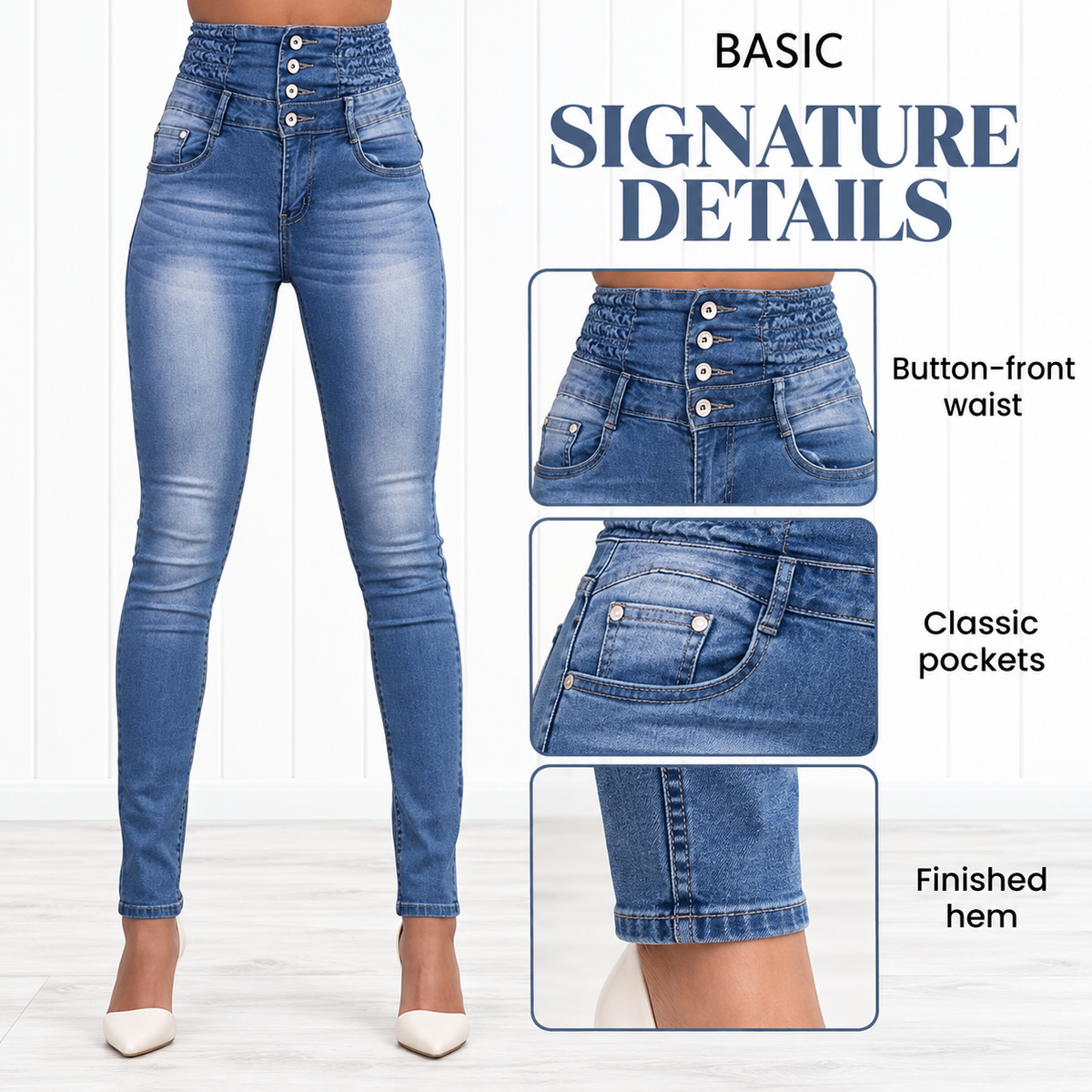 Usthebasic High-Rise Pencil Jeans - Button front, pocket and hem details