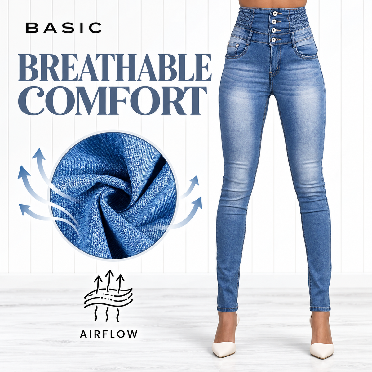 Usthebasic High-Rise Pencil Jeans - Light blue fabric and airflow illustration