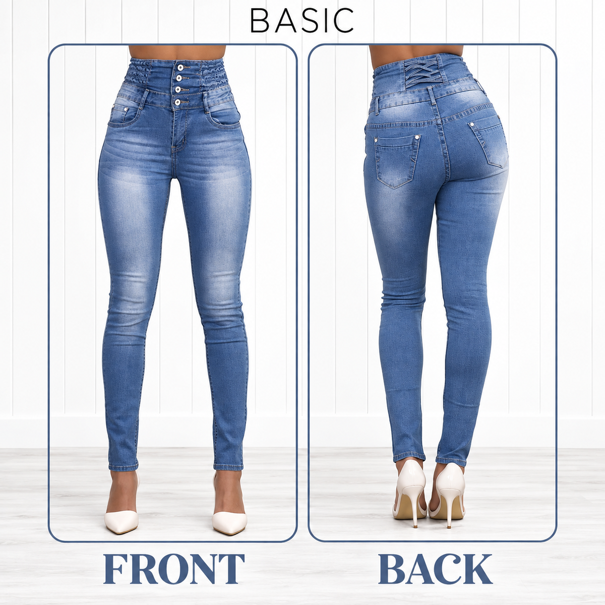 Usthebasic High-Rise Pencil Jeans - Light blue front and back views