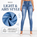 Usthebasic High-Rise Pencil Jeans - Light blue denim fabric close-up