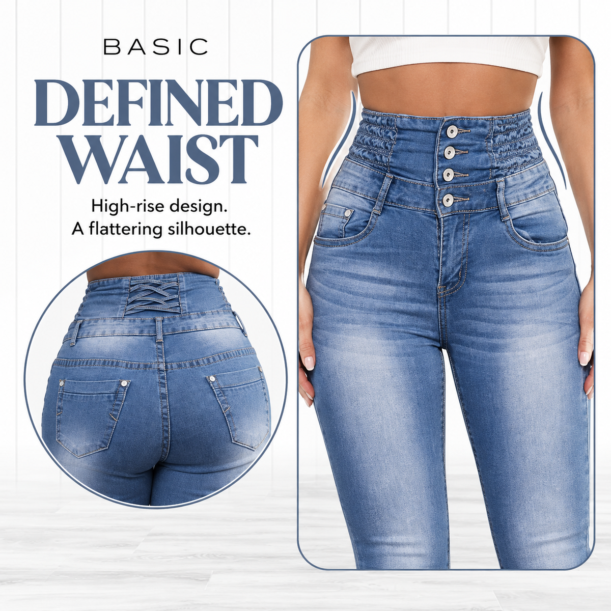 Usthebasic High-Rise Pencil Jeans - Light blue front and back-waist details