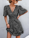 Printed V-Neck Flutter-Sleeve Mini Dress