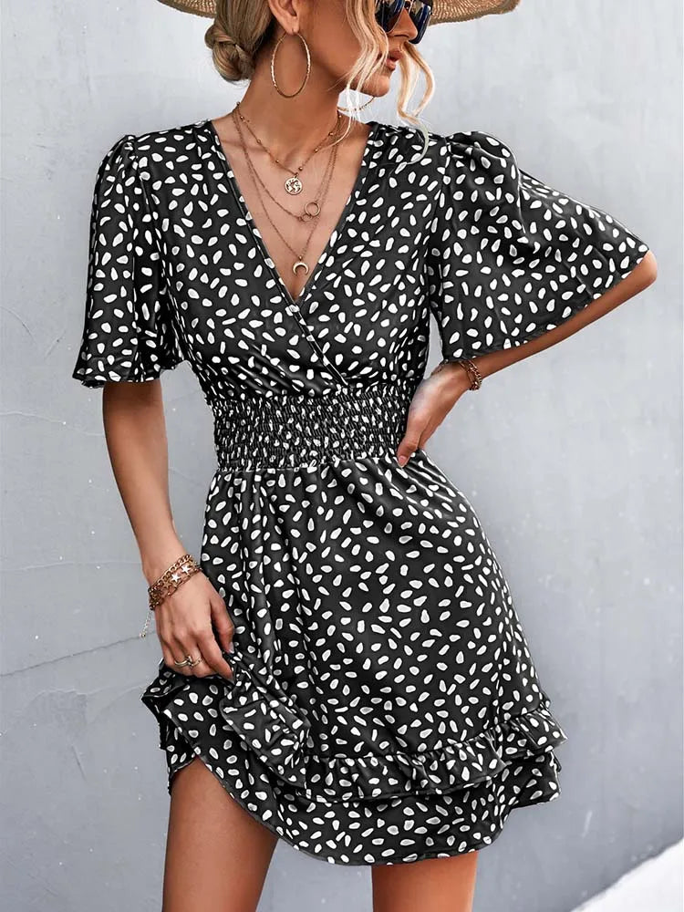 Printed V-Neck Flutter-Sleeve Mini Dress