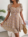 Printed Square-Neck Short-Sleeve Mini Dress