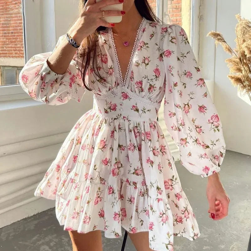 Floral V-Neck Lantern-Sleeve Mini Dress