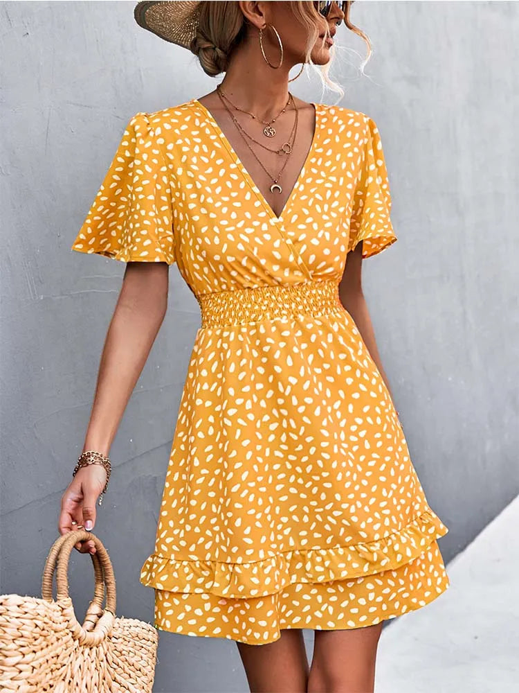 Printed V-Neck Flutter-Sleeve Mini Dress
