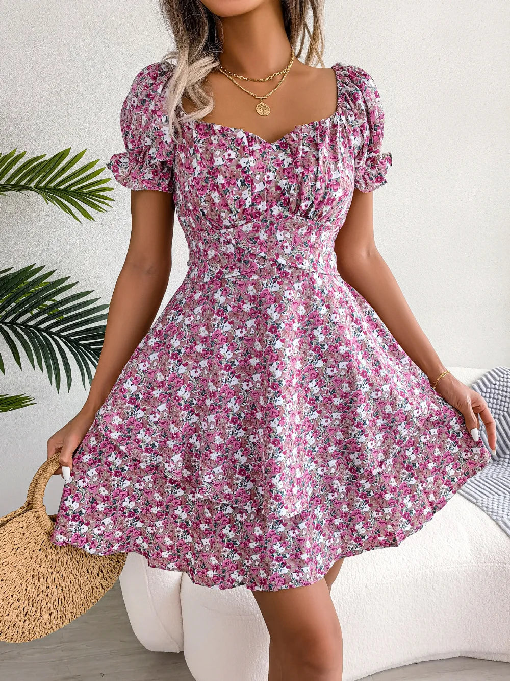 Printed Square-Neck Short-Sleeve Mini Dress