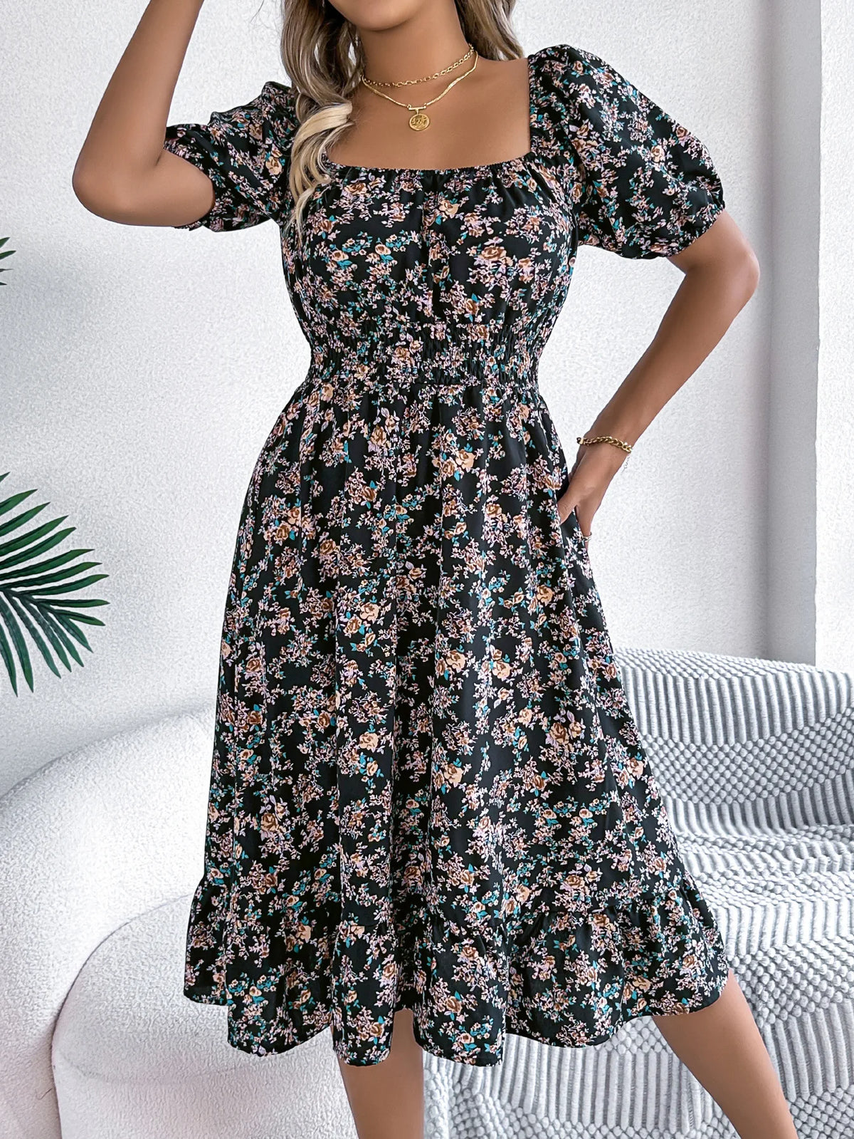 Usthebasic Floral Square-Neck Dress