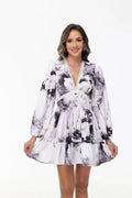 Floral V-Neck Lantern-Sleeve Mini Dress