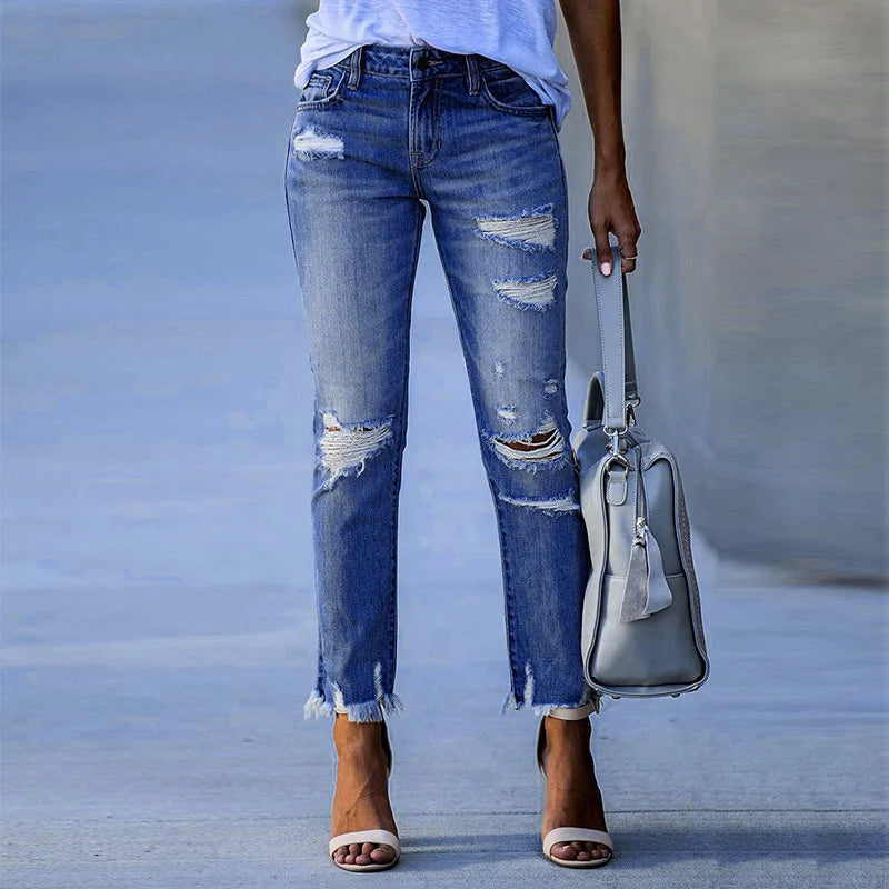 Distressed Frayed-Hem Jeans