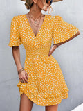 Printed V-Neck Flutter-Sleeve Mini Dress