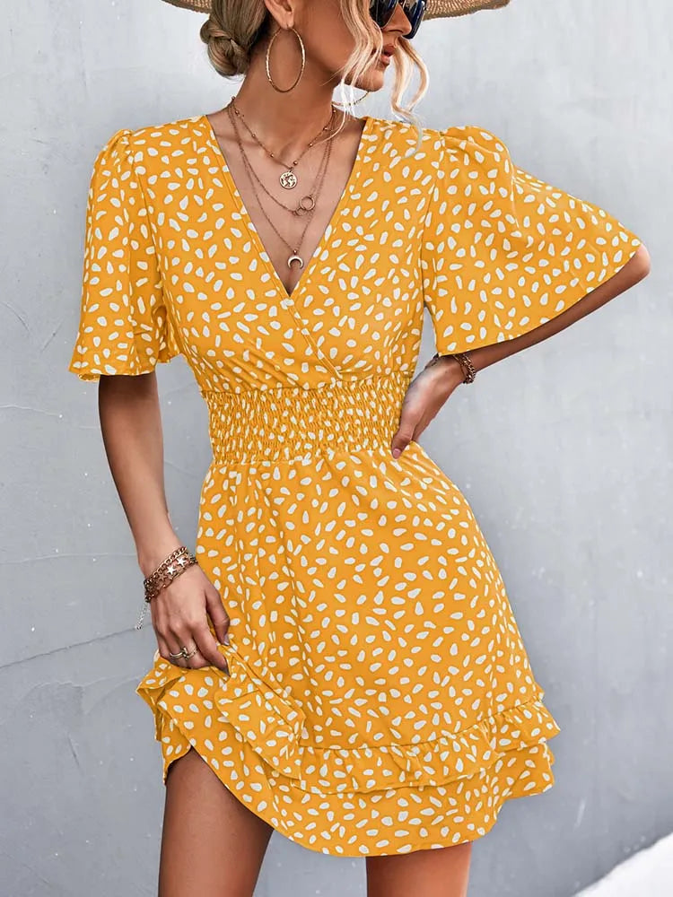 Printed V-Neck Flutter-Sleeve Mini Dress