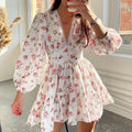 Floral V-Neck Lantern-Sleeve Mini Dress