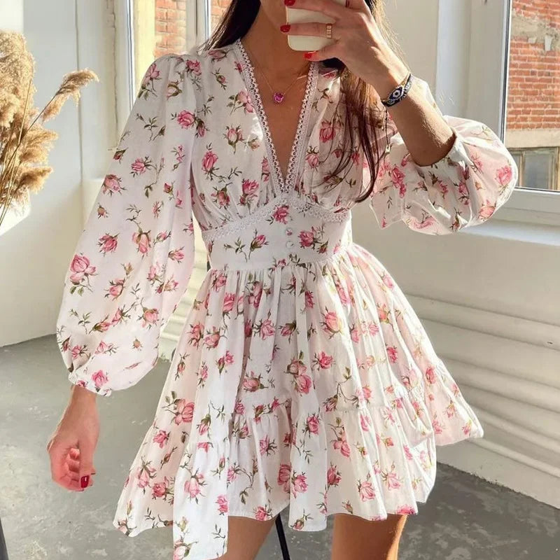 Floral V-Neck Lantern-Sleeve Mini Dress