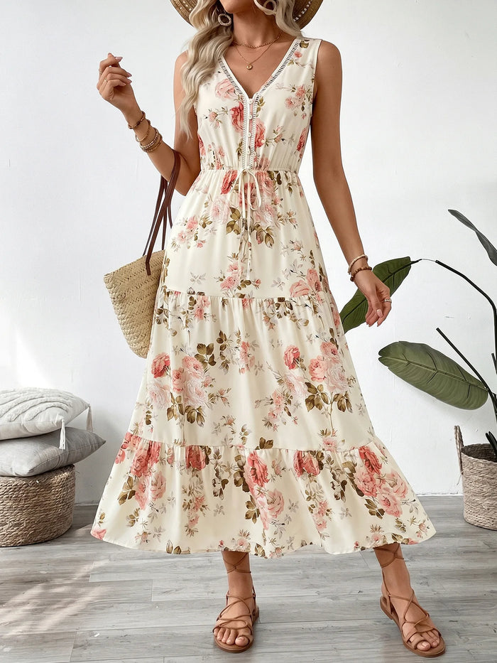 Floral V-Neck Tiered Midi Dress