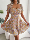 Printed Square-Neck Short-Sleeve Mini Dress