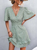 Printed V-Neck Flutter-Sleeve Mini Dress