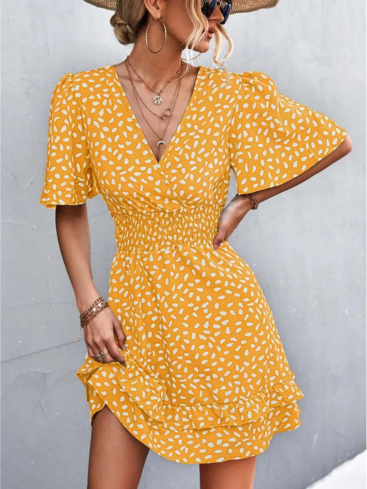Printed V-Neck Flutter-Sleeve Mini Dress
