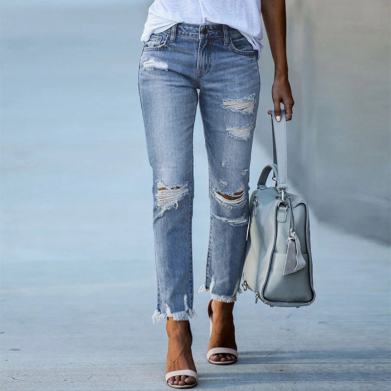 Distressed Frayed-Hem Jeans