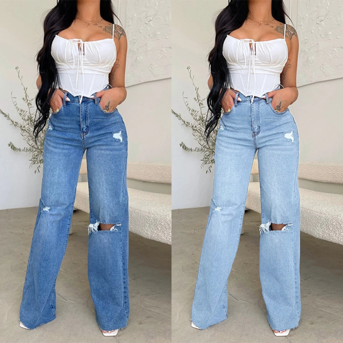 Ripped Wide-Leg Jeans