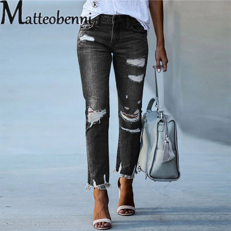 Distressed Frayed-Hem Jeans