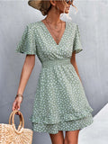 Printed V-Neck Flutter-Sleeve Mini Dress