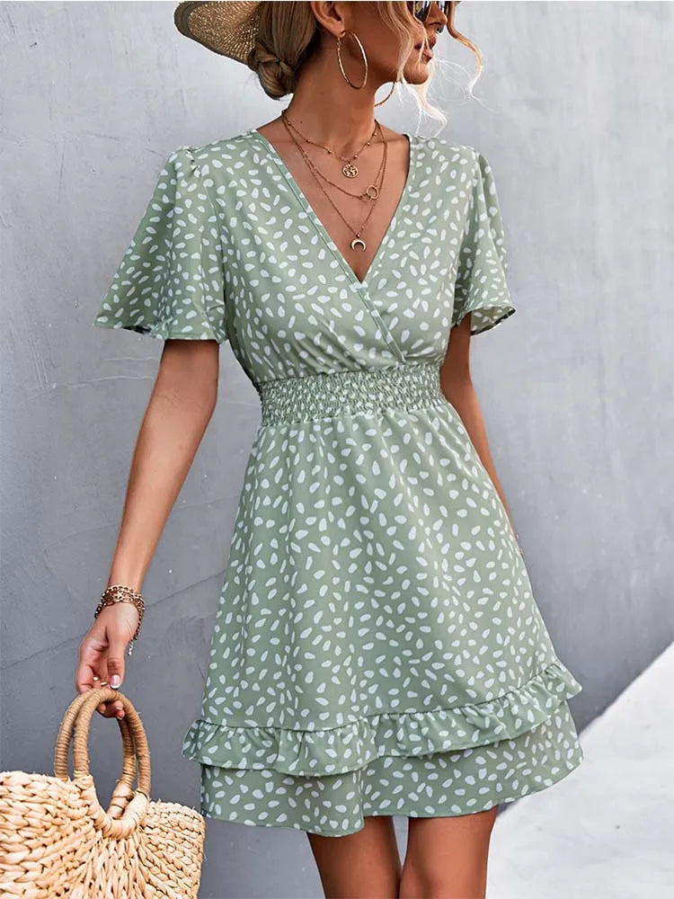 Printed V-Neck Flutter-Sleeve Mini Dress