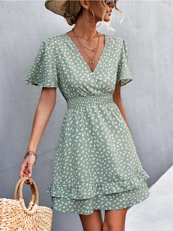 Printed V-Neck Flutter-Sleeve Mini Dress