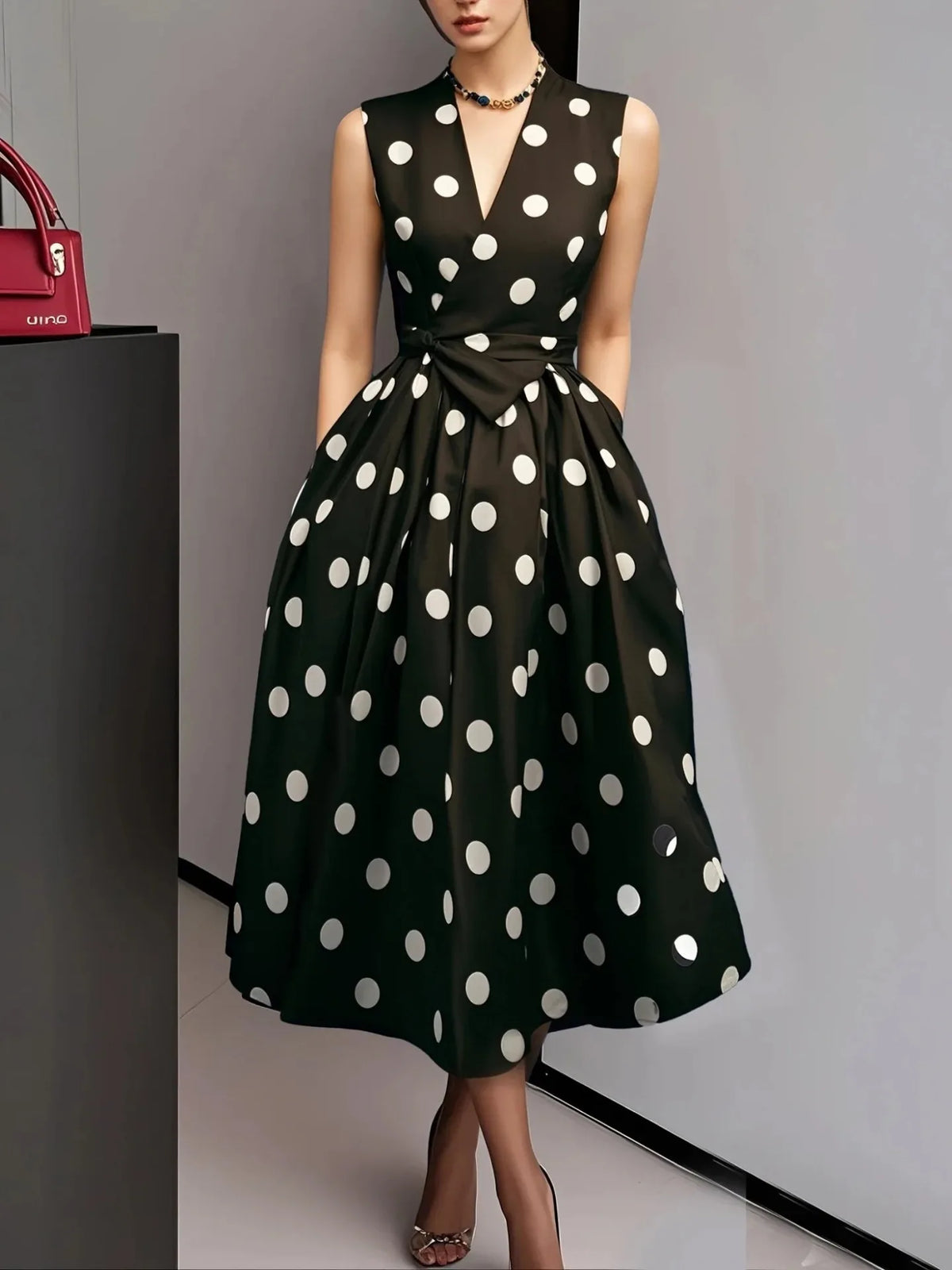Polka Dot V-Neck Midi Dress