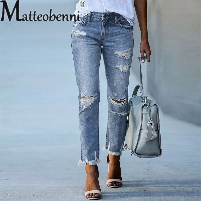 Distressed Frayed-Hem Jeans