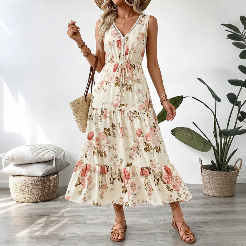 Floral V-Neck Tiered Midi Dress