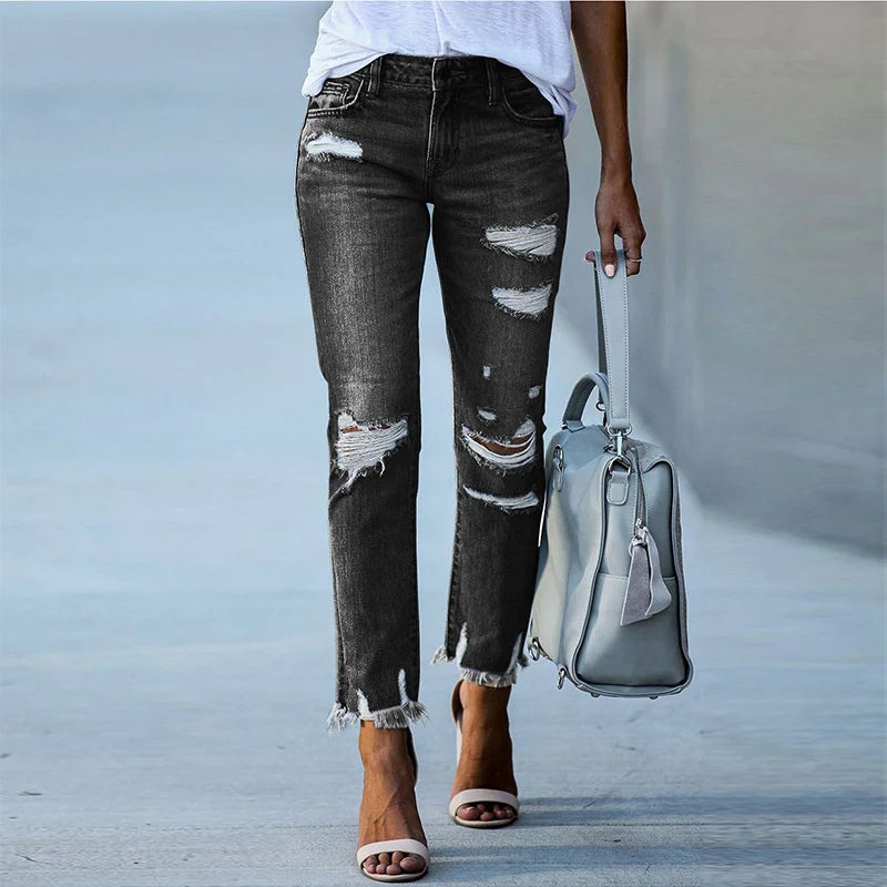 Distressed Frayed-Hem Jeans