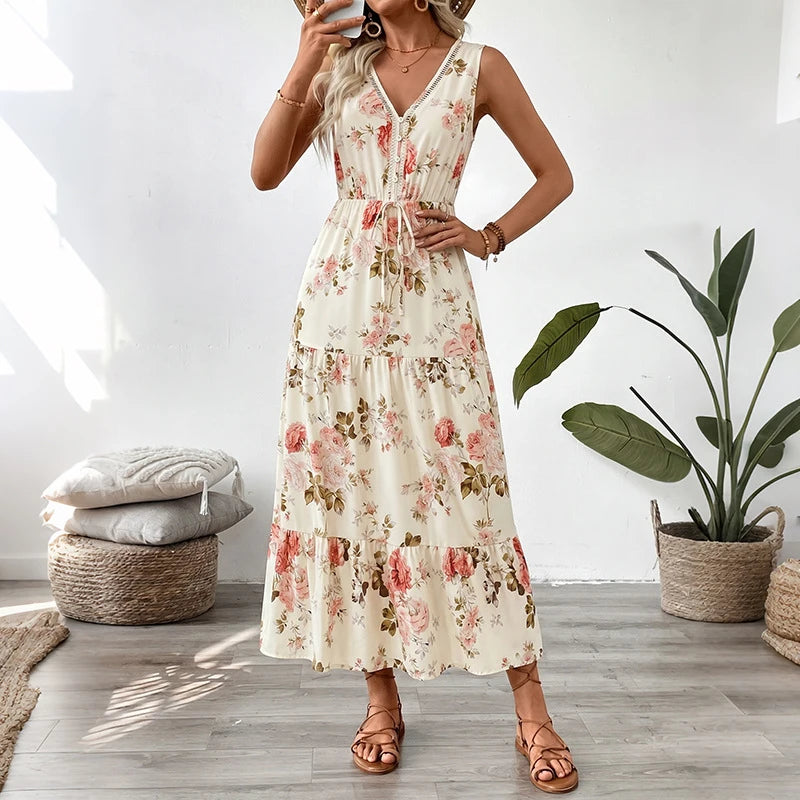 Floral V-Neck Tiered Midi Dress