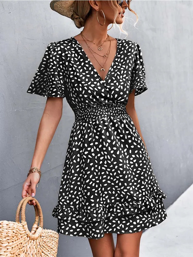 Printed V-Neck Flutter-Sleeve Mini Dress