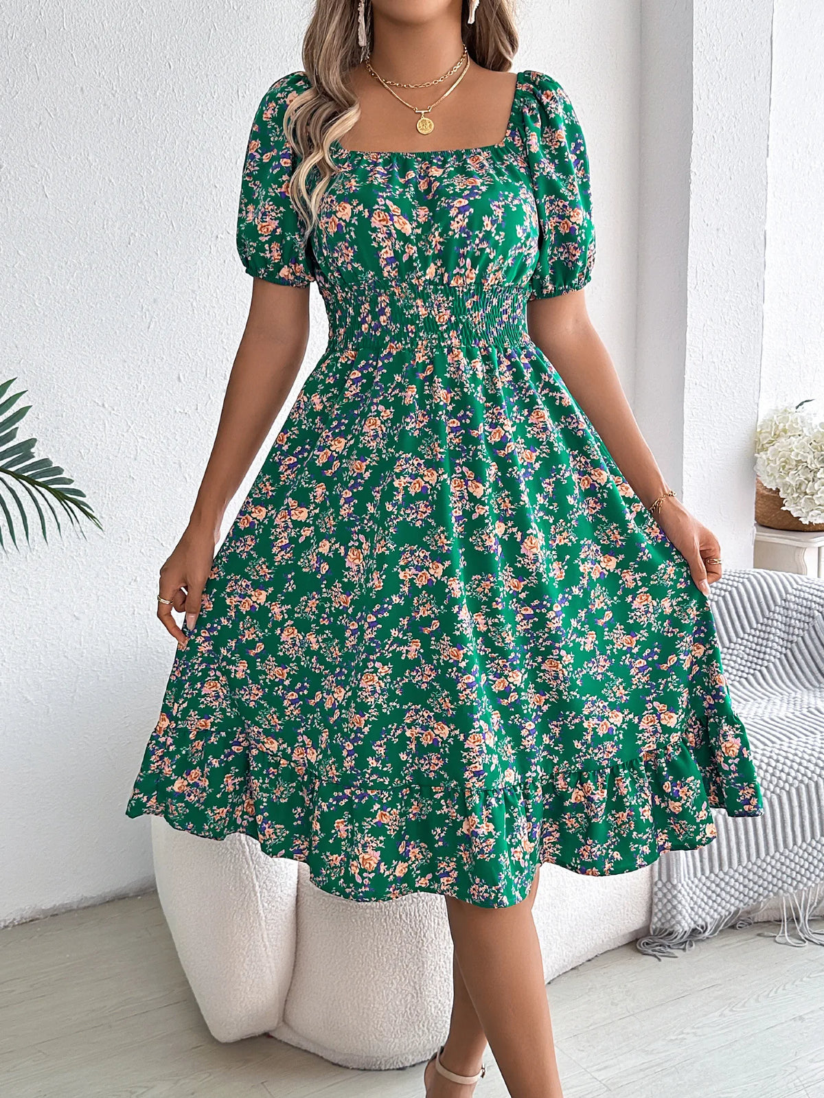 Usthebasic Floral Square-Neck Dress