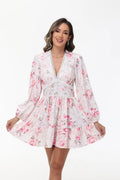 Floral V-Neck Lantern-Sleeve Mini Dress
