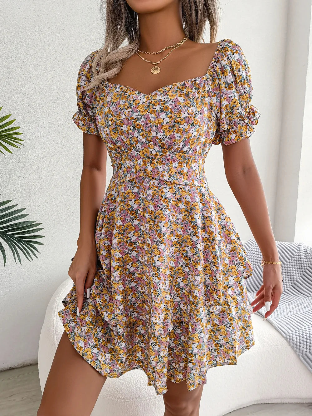 Printed Square-Neck Short-Sleeve Mini Dress