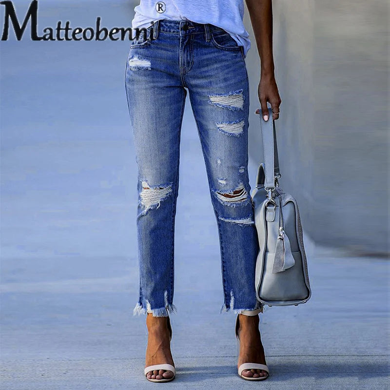 Distressed Frayed-Hem Jeans