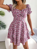 Printed Square-Neck Short-Sleeve Mini Dress