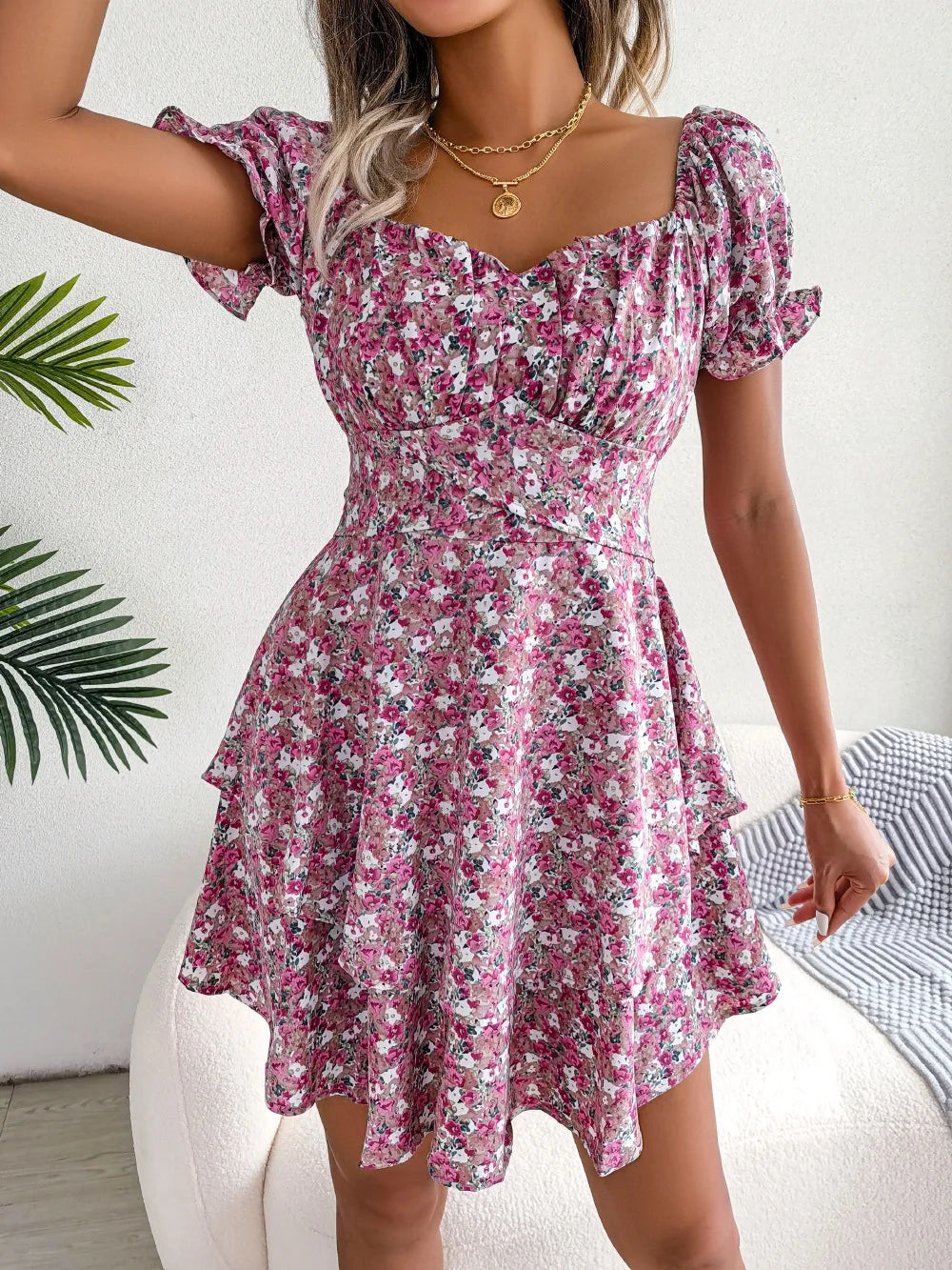 Printed Square-Neck Short-Sleeve Mini Dress