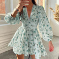 Floral V-Neck Lantern-Sleeve Mini Dress