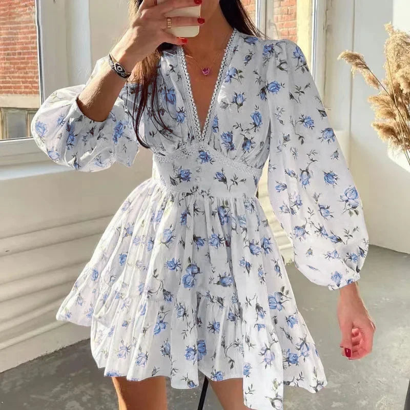 Floral V-Neck Lantern-Sleeve Mini Dress