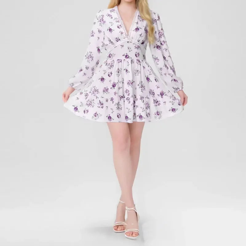 Floral V-Neck Lantern-Sleeve Mini Dress