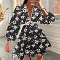 Floral V-Neck Lantern-Sleeve Mini Dress